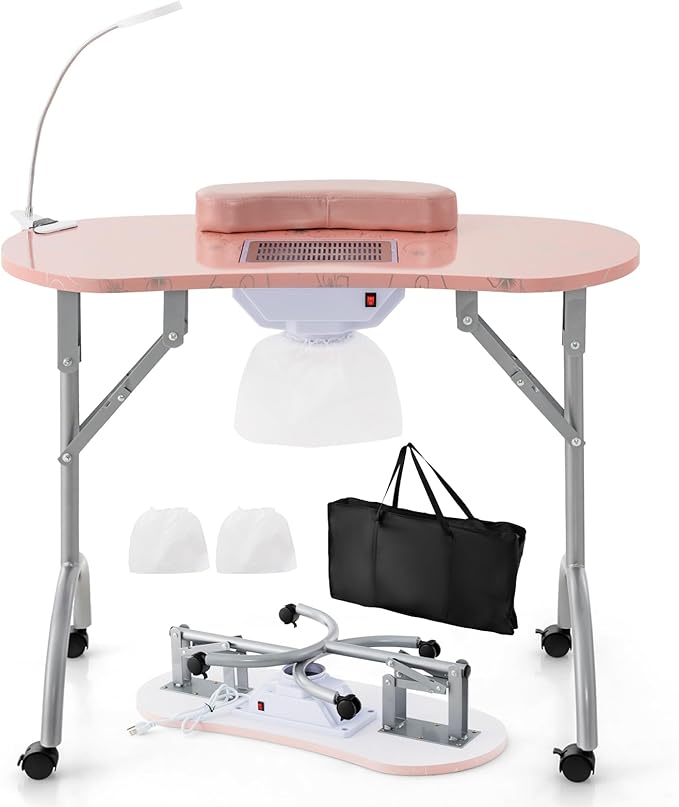 S AFSTAR Portable Nail Table, 35" Foldable Manicure Table with Electric Dust Collector, Bendable LED Lamp, Carry Bag & 4 Lockable Wheels, Professional Nail Desk Nails Salon Station (Pink)