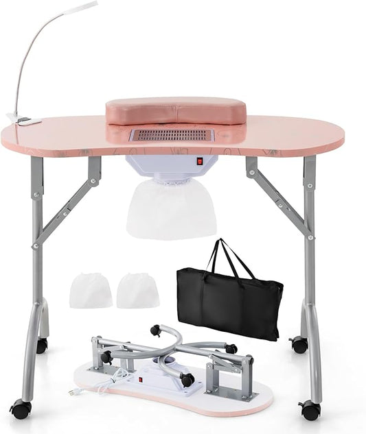 S AFSTAR Portable Nail Table, 35" Foldable Manicure Table with Electric Dust Collector, Bendable LED Lamp, Carry Bag & 4 Lockable Wheels, Professional Nail Desk Nails Salon Station (Pink)