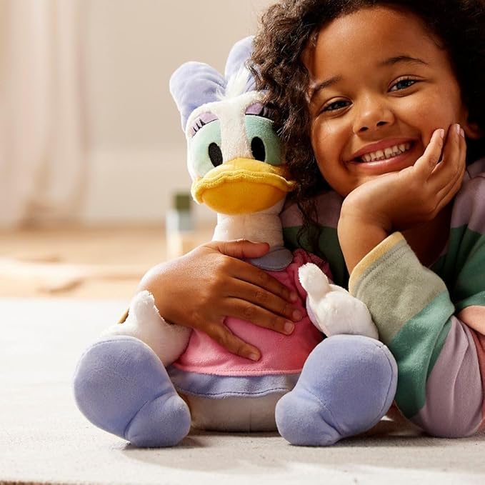 Disney Store Official Daisy Duck Medium Soft Toy for Kids, Cuddly Character with Fuzzy Texture and Embroidered Details in Pink and Purple Dress, Disney Plushy Suitable for All Ages.