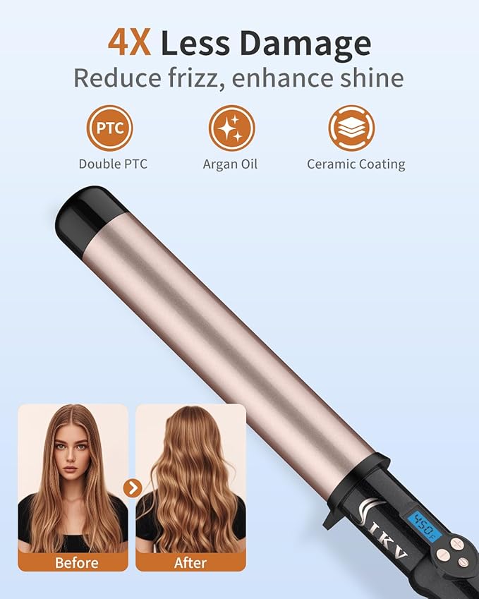 1 1/2 Inch Large Curling Wand for Long Hair, Dual Voltage Hair Curling Iron Wand Ceramic Extra Long Barrel,10 Adjustable Temp