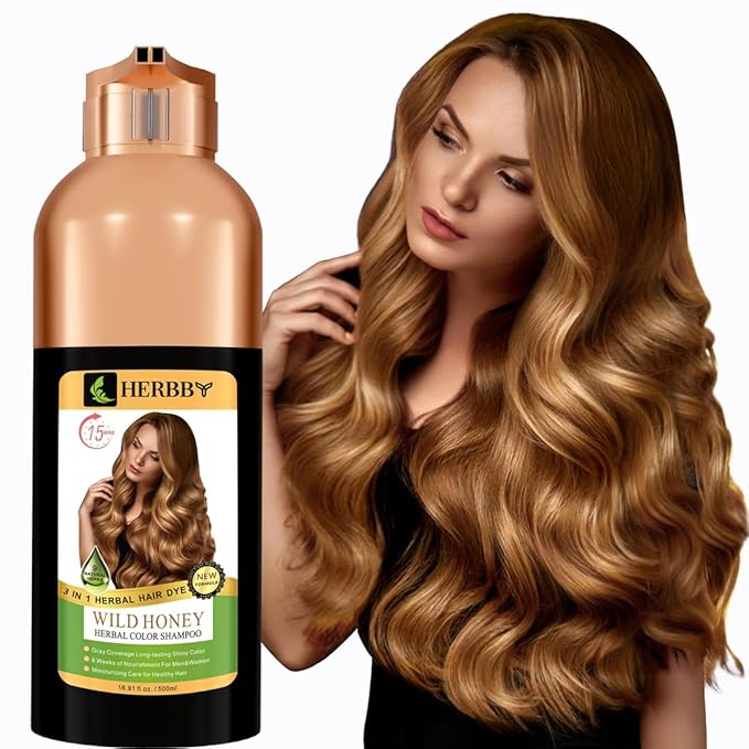 HERBBY Hair Color Shampoo for Gray Hair Coverage&Color Transform with 9 Herbal Extracts –Long Lasting(6-8 Weeks),Shiny,Evenly Colored,Instant Hair Dye Shampoo&Conditioner, 500 Ml (WILD HONEY COLOR)