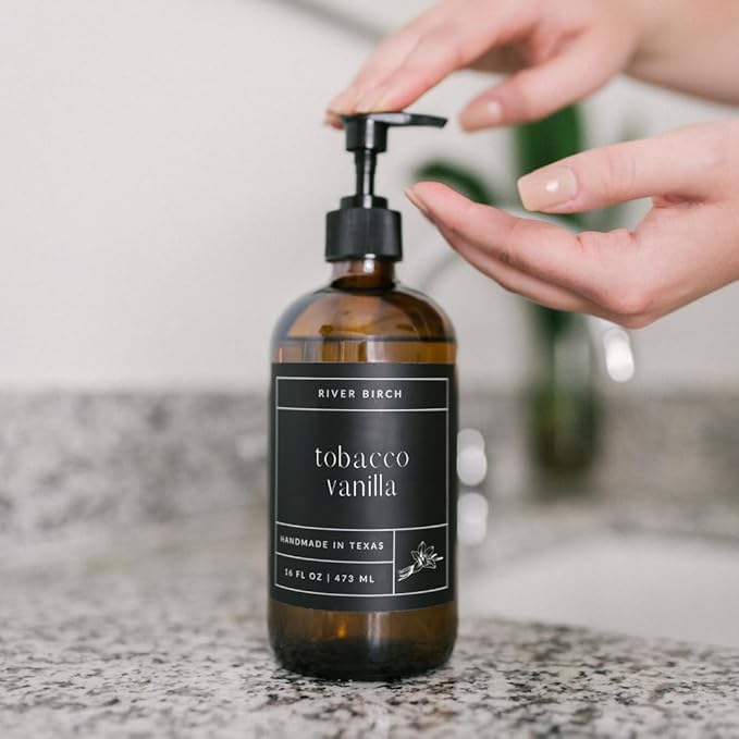 River Birch Tobacco Vanilla Scented Natural Hand Soap - Handmade Soap - Moisturizing Hand Wash with Amber Glass Dispenser - Luxury Scented Hydrating Hand Soap - Vegan and Non-Toxic - 16 Fl Oz