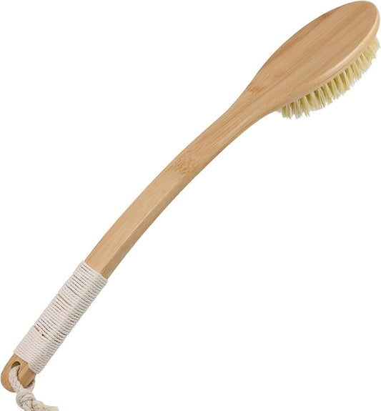 OWIIZI Back Scrubber Brush for Shower,Curved Extra Long Handle Bamboo Stiff Bristle Body Brush for Exfoliating,Natural Agave Stiff Sisal Shower Scrubber for Back Use Wet or Dry-17.9inches