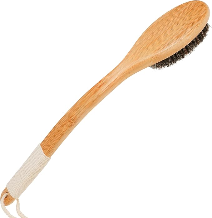 OWIIZI Horsehair Bath Brush Bamboo Curved Long Handle Antiskid Body Brush for Exfoliating, Natural Mane Shower Scrubber for Back Use Wet or Dry,Back Scrub Deep Cleanse-17.9inches