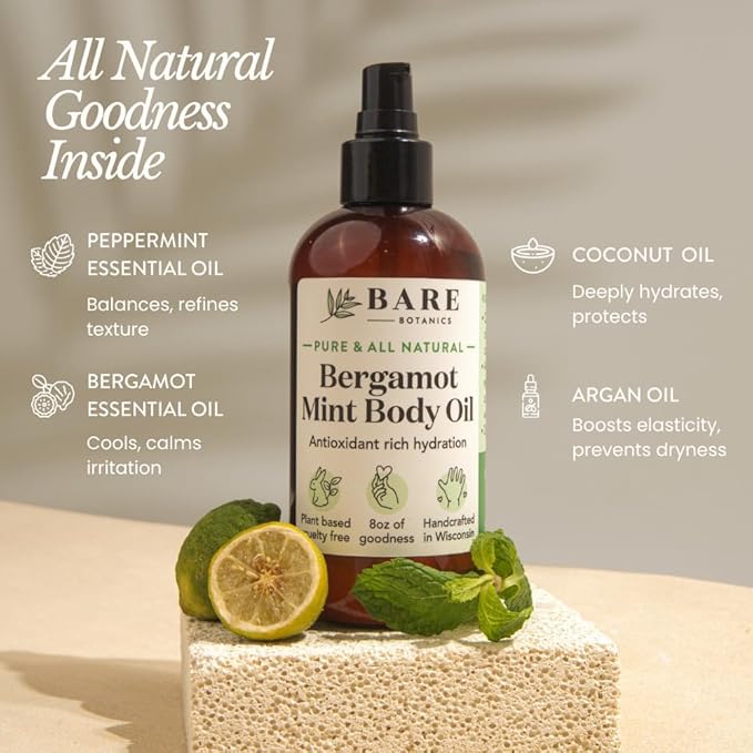 BARE BOTANICS 8 oz Moisturizing Mint Body Oil - 100% Pure & Natural for Skin & Nails - Perfect for Moisturization - Vegan, Cruelty Free & Naturally Scented Hair Oil