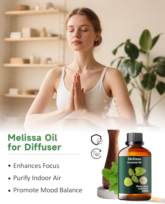 Melissa Essential Oil Pure, Mumianhua Natural Therapeutic Melissa Oil for Skin, Body, Hair Care, Diffuser, Aromatherapy,Candle, Soap, Making, DIY, Massage, Sauna 3.38 Fl Oz