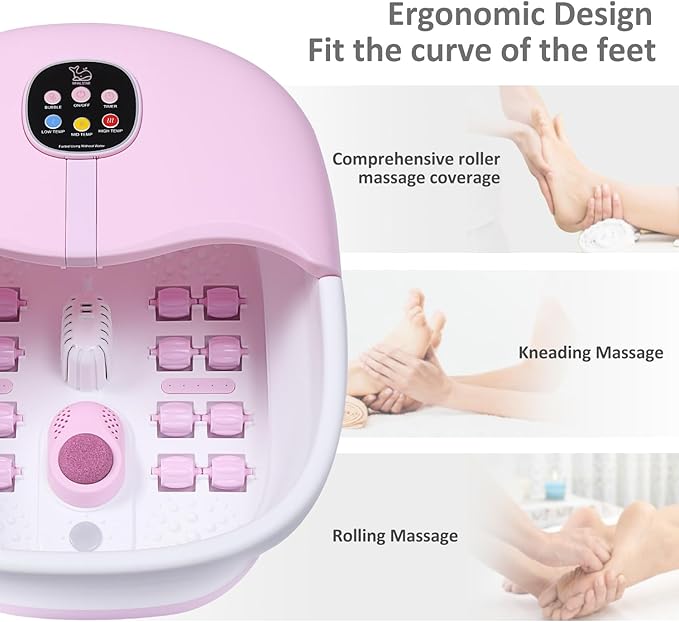 Collapsible Foot Spa Bath Massager with Heat Bubbles and Vibration Massage and Jets, 16oz Tea Tree Oil Foot Soak Epsom Salt, WHALSTAR Foot Bath Bucket With Red Light & Remote - PINK