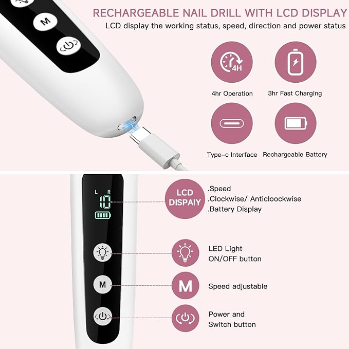 4 Pack Digital Nail Grinder 9-in-1 Set - LCD Display Adjustable Speed for Nail Shaping, Buffing & Polishing - Cordless Rechargeable Manicure Pedicure Tool with 100 Sanding Bands