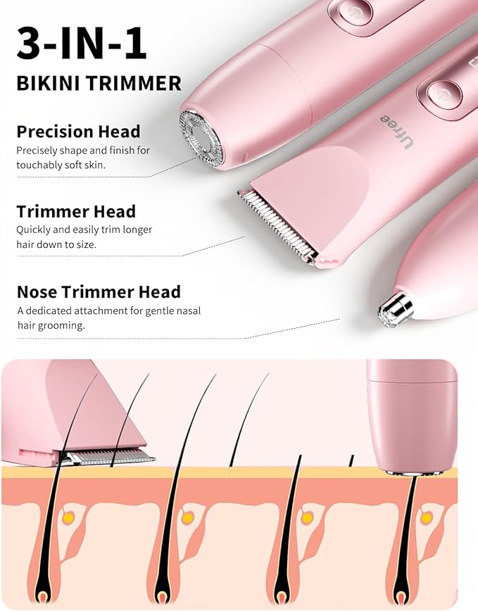 Ufree Bikini Trimmer Electric Razors for Women Dual Head, Pubic Body Hair Trimmer Electric Shaver for Face, Legs, Arm, Rechargeable Lady Shaver Waterproof, Summer Grooming Kit, Gifts for Her