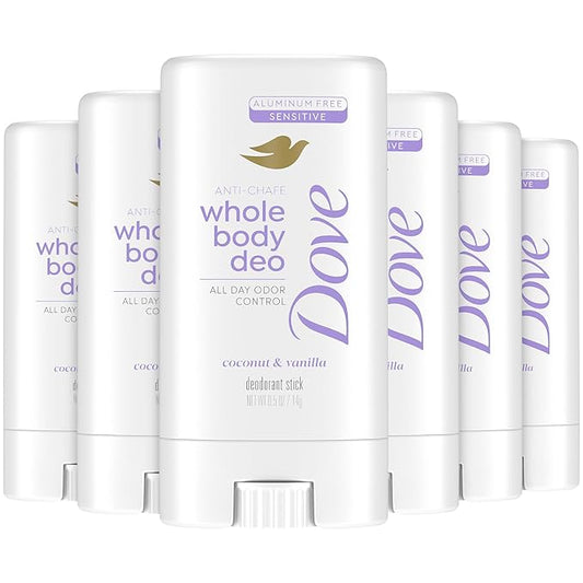Dove Whole Body Deodorant, Aluminum-Free, Coconut & Vanilla, Travel-Size 6-Pack – Dermatologist-Approved Anti-Chafing Stick for Sensitive Skin, 72H Odor Protection, 0.5 Oz Ea