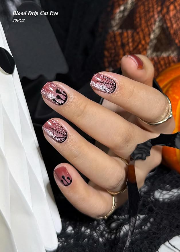 Semi Cured Gel Nail Strips (Blood Drip Cat Eye), Halloween, Spider Web, 20 Pcs Red Gel Nail Wraps, Stickers, Salon Quality, Works With Any Lamps