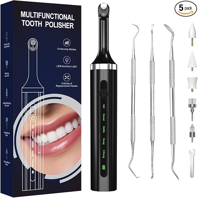 Plaque for Teeth Whitening Tools Electric Tartar Polishing Cleaning Kit with LED Light 5 Speed Modes with 5 Replacement Brush Heads (Black)
