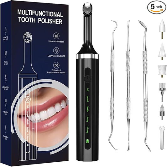 Plaque for Teeth Whitening Tools Electric Tartar Polishing Cleaning Kit with LED Light 5 Speed Modes with 5 Replacement Brush Heads (Black)