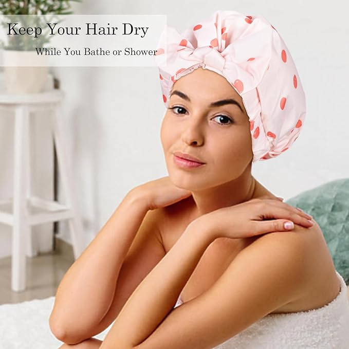 Shower Cap Luxury Shower Caps for Women Reusable Waterproof Hair Cap for Shower with Adjustable Bowknot Hair Bath Cap (Pink)