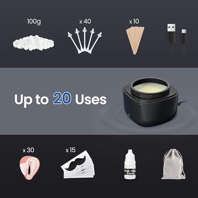 Nose Wax Kit Men, Nose Hair Waxing Kit with 158°F Smart Temp Control, 40 Sticks, 100g Wax, Painless Nose Hair Removal with USB-C Fast Heating, Upgraded Capacity, Multi-Accessories