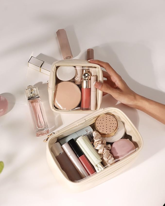 Pocmimut Makeup Bag,Small Makeup Bag TSA Approved Clear Toiletry Bag,Makeup Case Pouches Car Accessories Storage for Women,Travel Essentials Organizers,Beige