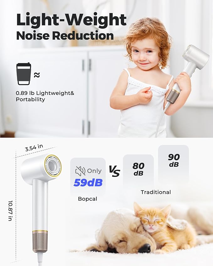 Bopcal Ionic Hair Dryer, 160000 RPM Brushless Motor, Smart Thermo-Control, Negative Ion Fast Drying, Quiet Lightweight Blow Dryer, Cold Air & 4 Heat Settings, for Home Travel Salon, White