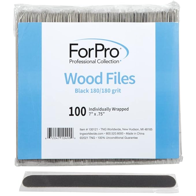 ForPro Professional Collection Wood Nail File, Black, 180/180 Grit, Double-Sided Manicure & Pedicure Nail Files, 7” L x .75“ W, Individually-Wrapped, 100-Count
