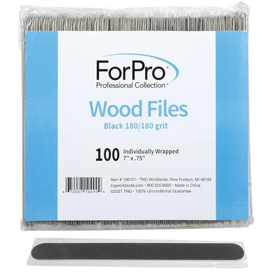 ForPro Professional Collection Wood Nail File, Black, 180/180 Grit, Double-Sided Manicure & Pedicure Nail Files, 7” L x .75“ W, Individually-Wrapped, 100-Count