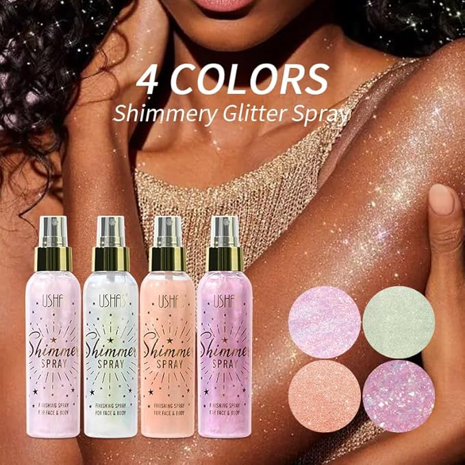 USHAS Body Glitter Spray 3.72 fl.oz - Temporary Body Shimmer Spray for Face, Hair, Clothing, Long Lasting Quick-Drying Shiny for Music Festival Rave (02)
