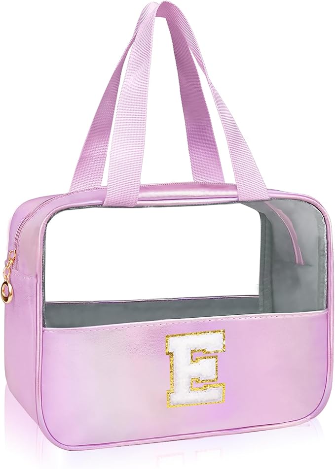 Personalized Initial Clear Makeup Bag Purple Cosmetic Bag Set Large Travel Toiletry Bag, Cute Clear Make Up Bags Organizer Bag for Girlfriend Teacher Gifts Teen Girl Gifts Trendy Stuff E (Purple)
