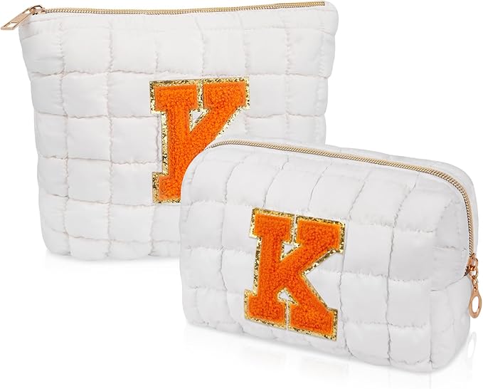 2PCS Initial Checkered Makeup Bag, Large Quilted Cosmetic Bag, Cute Make up Pouch for Purse, Travel Toiletry Storage Bag for Women Preppy Teen Girls Gift Trendy Stuff Gift (White K)