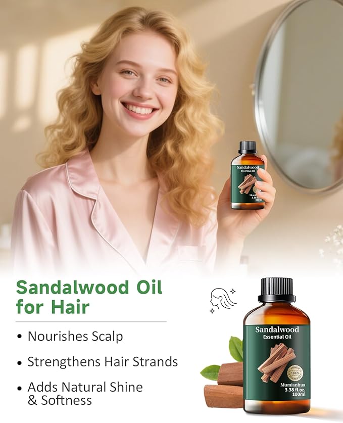 Pure Sandalwood Essential Oil, Mumianhua Natural Sandalwood Oil for Diffuser Aromatherapy, Skin, Hair, Massage, Candle, Soap Making, Evening Meditation, Calm Connection, Woody Grounding 3.38 Fl Oz