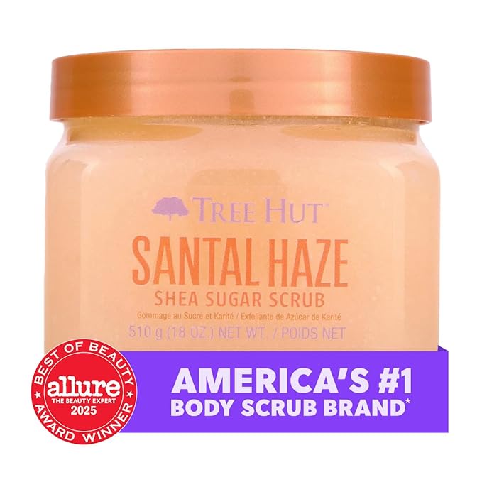 Tree Hut Santal Haze Shea Sugar Scrub, Exfoliating, Hydrating & Moisturizing Body Scrub with Shea Butter & Nourishing Essential Oils, Smooth & Soften Skin, 18 oz