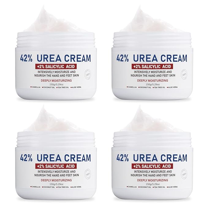 OUKEYA Urea Cream 42% plus Salicylic Acid 2% Net 5.29 Oz for Dry Cracked Feet,Heels,Knees,Elbows,Hands Repair Treatment Moisturizes and Removes Corns,Calluses,Dead Skin,and Softens Toenails Pack of 4