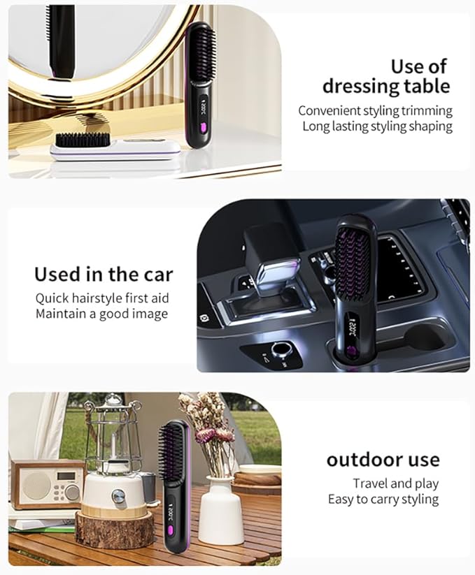 Go Brush Pro 2025 Cordless Hair Straightener Brush – 3 Heat Settings, USB Rechargeable, 2-in-3 Straightener & Curler, Ionic Anti-Static for All Hair Types (Black)