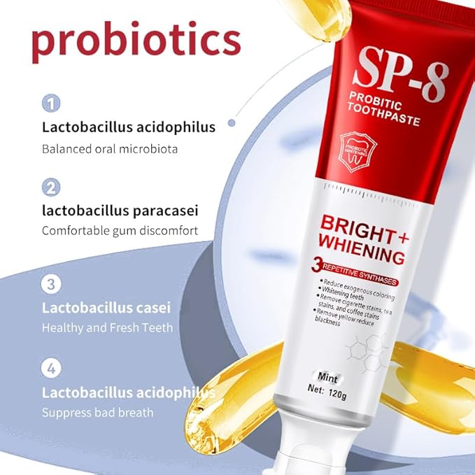 SP-8 Probiotics Whitening Toothpaste - Probiotics for Teeth Whitening and Gum Health - Enamel-Safe, Fluoride-Free, Double Mint Flavor,Fresh Breath-4pcs