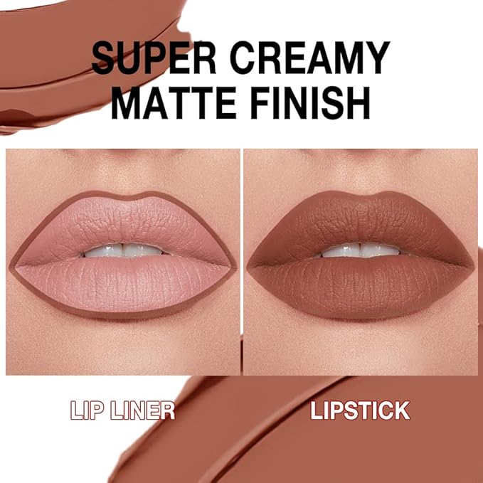 evpct Brown Gradient Matte Lipstick Lip Liner Crayon Combo Pencil Set for Women Long Lasting Waterproof, Nude Brown Matte Cream Lip Liner and Lipstick Combo Makeup, Flawless Gradual Ombre Effect