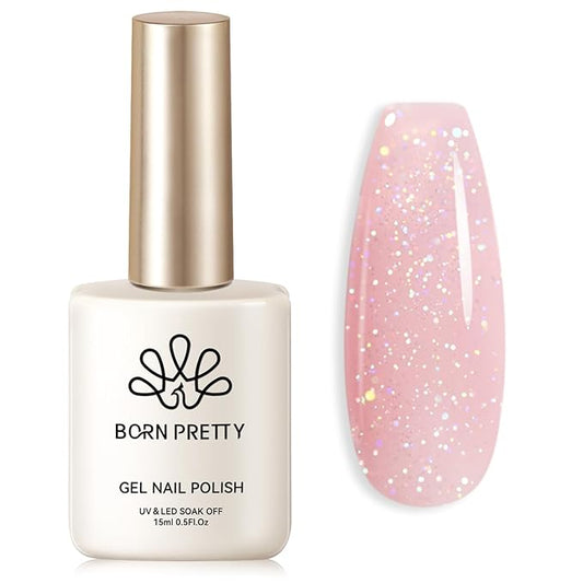 Born Pretty Jelly Gel Nail Polish Jelly Glitter Pink Gel Polish Holographic Shimmer Pink Natural Translucent Soak Off Hema-Free Gel Polish Nail Art DIY 15ML