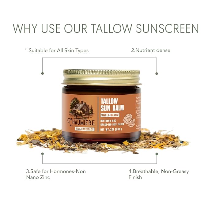 Sweet Orange Tallow Sunscreen SPF 50 – Grass-Fed Beef Tallow Balm with Carrot Seed Oil & Non-Nano Zinc – Organic Face & Body Moisturizer, Reef Safe, Naturally Scented – 2.5oz x2, Made in USA