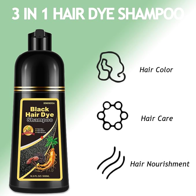 Natural Black Hair Shampoo, Hair Dye Shampoo 3 in 1, Shampoo Para Canas for Men Women, Hair Dye 100% Gray Coverage for All Hair Types 16.9 Fl Oz (Black)