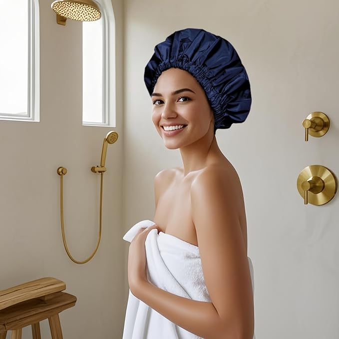 Reusable Shower Cap for Women, Large Waterproof Shower Bonnet Washable Elastic Band Bath Accessories Hair Hat for Long Hair, Braids(Black&Navy)