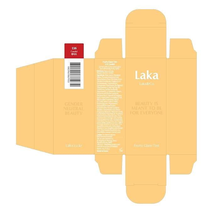 Laka Fruity Glam Tint, 4.5g/0.15oz, Glowing Lip Stain with Wide Color Spectrum, Hydrating & Lightweight Texture, Long-Lasting Bold Stain, Non-Sticky, Vegan, K-Beauty (#116 Candid)