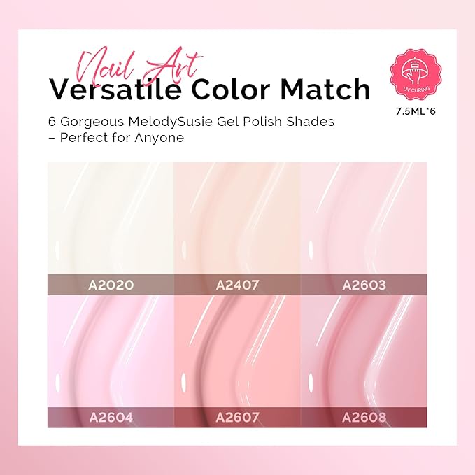 MelodySusie Pastel Pink Gel Nail Polish Set - 6 Colors Nude Pink Milky White Soak Off UV LED Gel Polish Gift for Women Nail Art Manicure Salon DIY Nail Design Decoration at Home