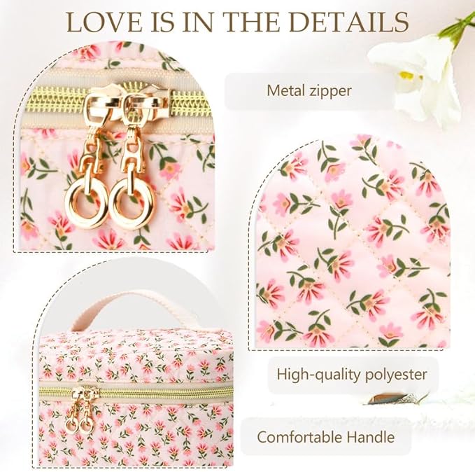 3 PCS Travel Makeup Bag Set,A-Z Initials Cotton Make up Bag Floral Quilted Cosmetic Bag for Girls and Women,Personalized Christmas Gifts,Cute Toiletry Travel Accessories Brushes Bags-H