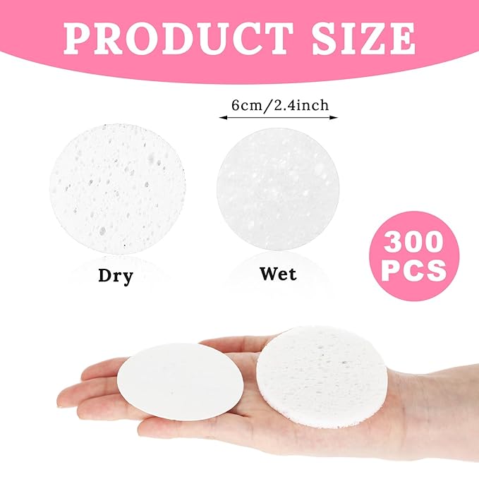 300Pcs Soft Facial Sponges, Round White Cotton Face Washing Sponge Pads, Modern Style, Wood Pulp Material, For Daily Cleansing and Makeup Removal
