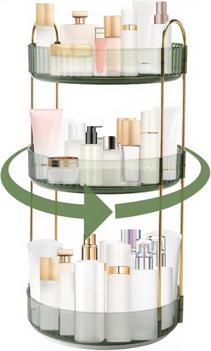 360° Rotating Makeup Organizer, Bathroom Make Up Spinning Holder Rack, Large Capacity Cosmetics Storage Vanity Shelf Countertop, Fits Cosmetics, Perfume, Skincare(3 Tiers, Green)
