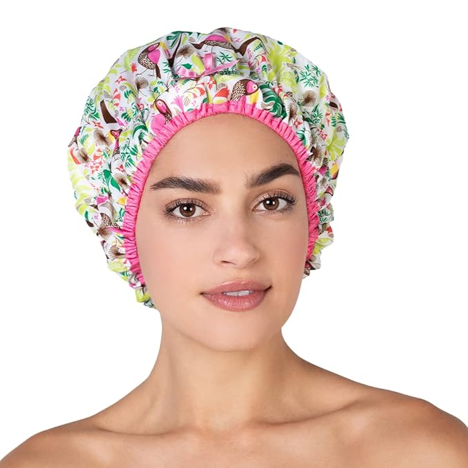 Reusable Bath & Shower Cap Lined, Oversized Waterproof Shower Caps Large Designed for all Hair Lengths with PEVA Lining & Elastic Band Stretch Hem Hair Hat - Fashionista Tropical