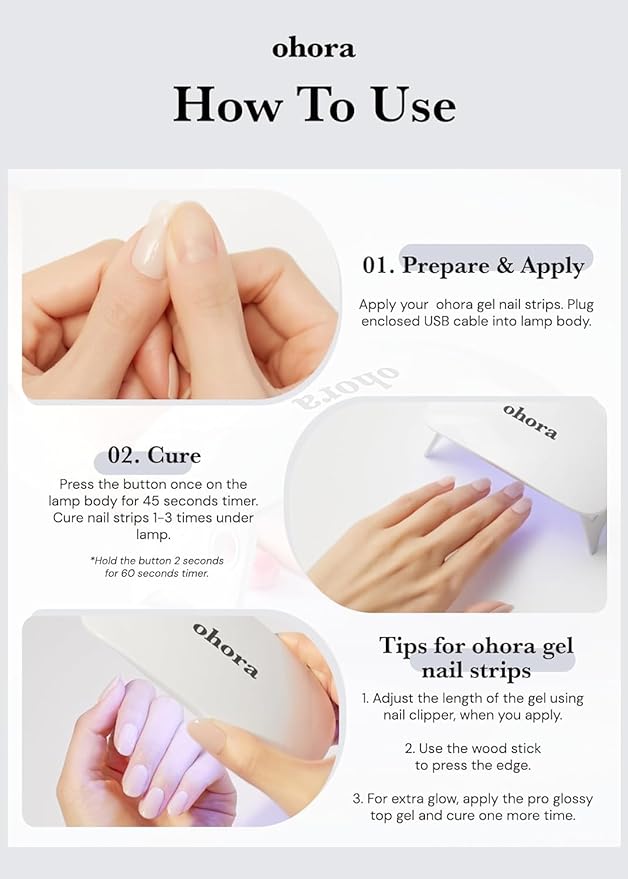 ohora Care LED Lamp for Semi Cured Gel Nail Strips - 6W Max, 2 Timers (45s / 60s), Portable Lamp for Curing Gel Nail Art, For Gel Stickers and Strips Only