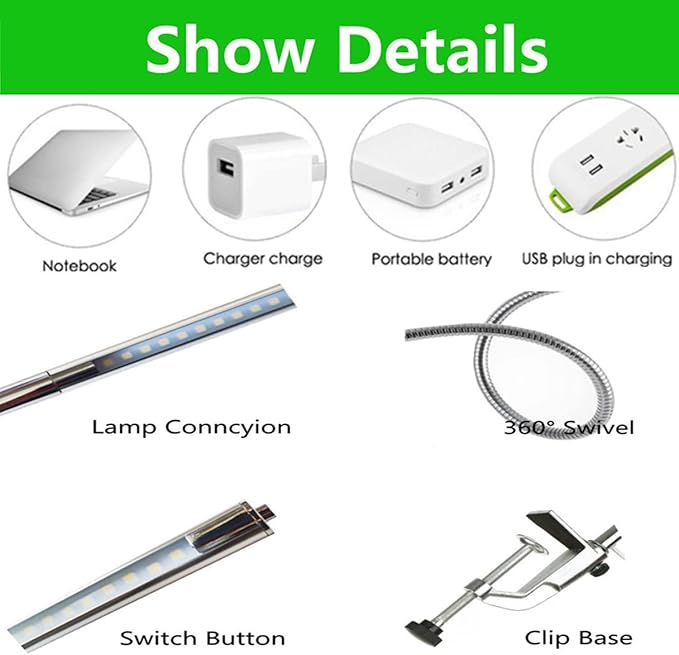 USB LED Desk Lamp, Adjustable Clip On Nail Lamp Light Eye Care Gooseneck 360° Swivel with Switch LED Clamp Light for Manicure Reading Tattoo