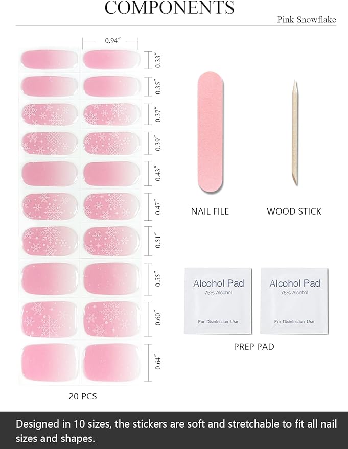 Semi Cured Gel Nail Strips (Pink Snowflake), 20 Pcs Christmas Gel Nail Wraps, Stickers, Salon Quality, Long Lasting, Works With Any UV Lamps