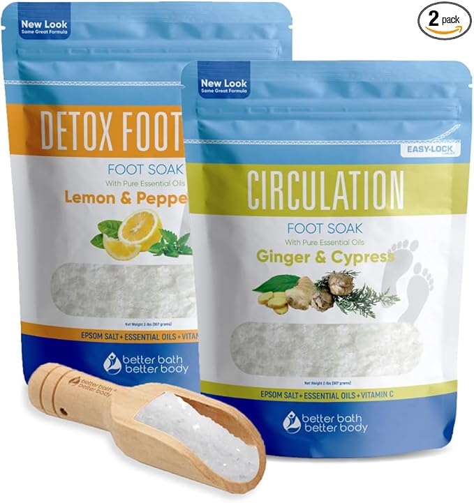 2 Pack Foot Soak Salts Bundle for DIY Foot Spa with Bamboo Scoop (2 lbs Each 4 lbs Total) for Discomfort and Dry Skin Made in USA with BPA Free Easy Lock Pouch