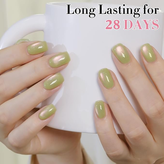 Double Rhythm 0.5 OZ Cat Eye Gel Polish with Magnet 15ML Holographic Glitter Shimmer Translucent Jelly Color Magnetic Nail Polish Salon DIY at Home (Green-MC1213)