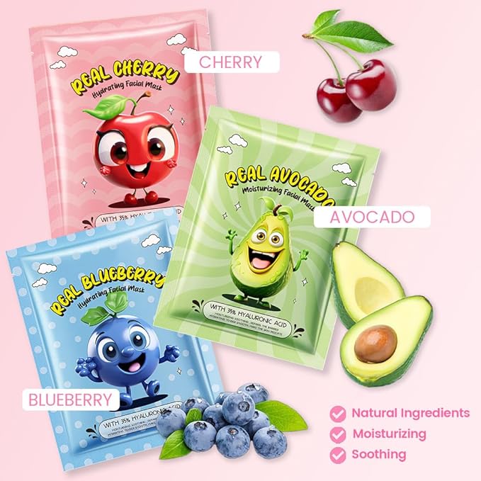 evpct 12 Pack Fruit Kids Face Masks for Kids Girls Spa, Girls Kids Facial Spa Day Slumber Sleepover Birthday Party Favors Supplies Kit for Girl, Kid Friendly Facial Face Masks Bulk Skincare for Kid, 5
