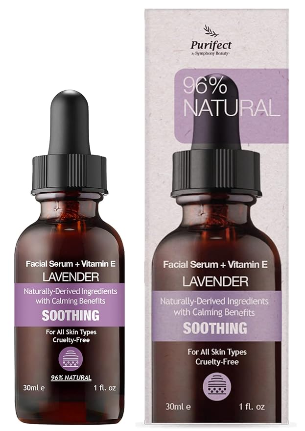 Purifect Lavender Facial Serum – Calming & Soothing Squalane Moisturizer with Vitamin E – Made in USA – Infused with Botanical Oils to Rejuvenate, Cleanse & Hydrate Skin Naturally, 30ml 1fl oz