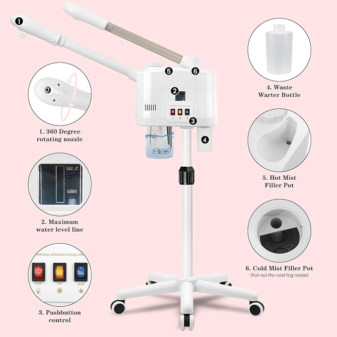 Professional Facial Steamer, 2 in 1 Face Steamer with Cold & Hot Mist, Ozone Facial Steamer with Timer Function, Stand Face Steamer Adjustable Height for Spa, Salon and at Home use